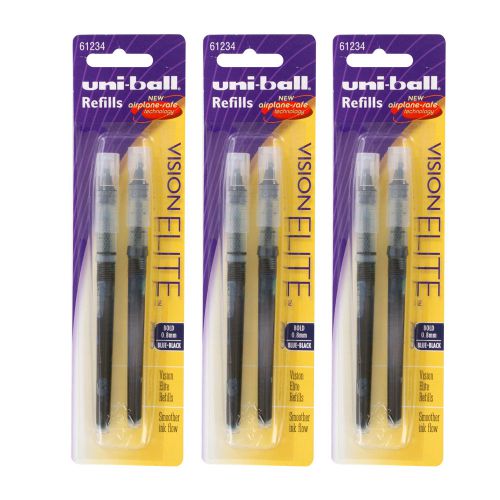 6 Uni-Ball Vision Elite Rollerball Pen Refills, Bold Point, Blue-Black Ink