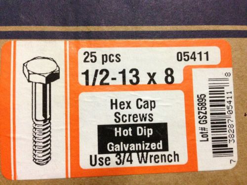 MIDWEST #GSZ5896 1/2-13X 8 HEX CAP SCREWS HOT DIP GALVANIZED 25 PCS