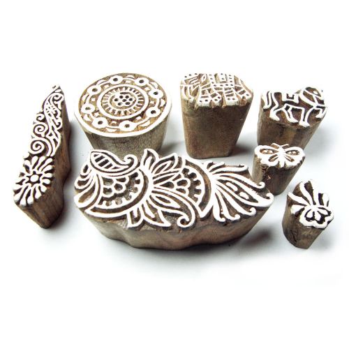 Animal and floral motifs hand carved wooden block printing tags (set of 7) for sale