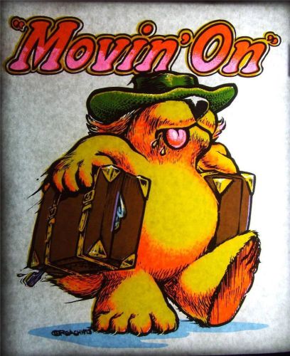 Vintage 1970&#039;s ROACH Day-Glo Shirt Heat Transfer &#034;Movin&#039; On&#034; Bear with Luggage