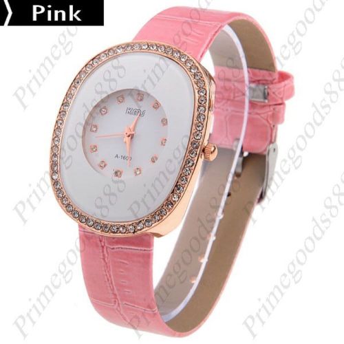 Oval Synthetic Leather Lady Ladies Wrist Quartz Wristwatch Women&#039;s Pink