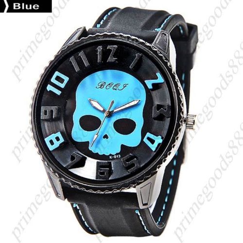 Wide Half Skull Quartz Black Silica Gel Analog Wrist Men&#039;s Wristwatch Blue