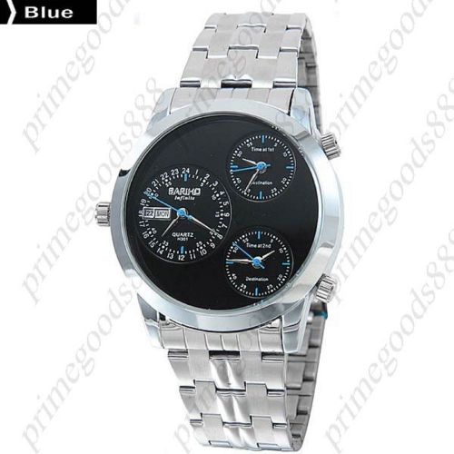 3 Time Zone Zones Stainless Steel Date Analog Quartz Men&#039;s Wristwatch Blue