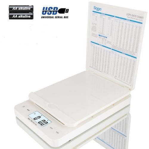 WHITE, SAGA DIGITAL POSTAL SCALE 86LB X 0.1OZ WITH BATTERIES AND USB CORD