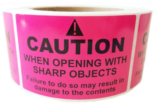 Pink &#034;Caution When Opening with Sharp Objects May Damage&#034; Label - 3&#034; by 2&#034; - 500