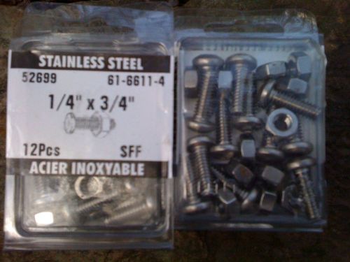 Stainless Steel 1/4&#034;x3/4&#034; pan head machine screws, square drive, w/ nuts 24 pcs.