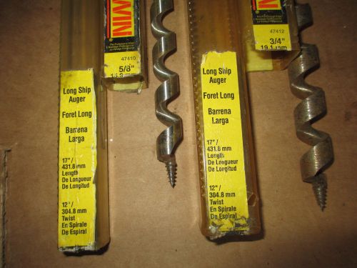 Two irwin wood auger bits 5/8&#034; and 3/4&#039; 17&#034; long in original cases stock #406411 for sale