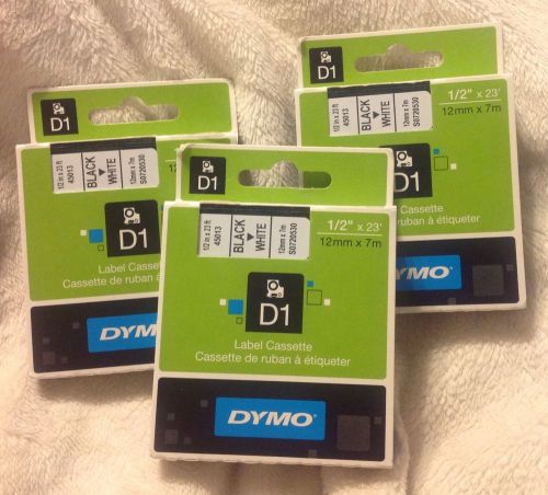3 DYMO Label Cassette D1 Black On White 1/2&#034; X 23&#039; 12mm 7mm Brand New 45013 Tape