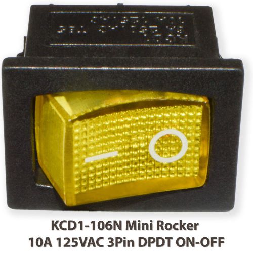 (20PCs) KCD1-106N Mini Rocker YELLOW With Lamp 10A 125VAC 3Pin SPST ON-OFF Boat