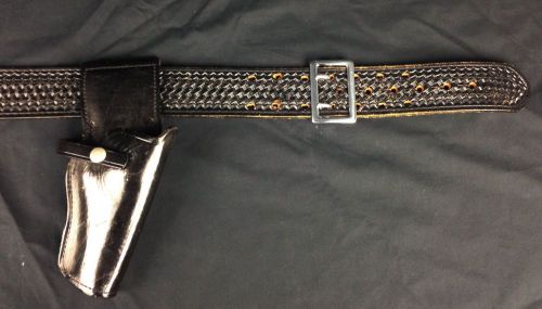 Basket Weave Police Black Leather Duty Belt 40 + Handcuff case &amp; holster
