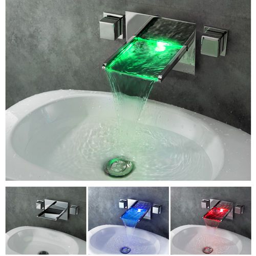 Modern LED Lighted Waterfall Wall Mount Sink Faucet Chrome Brass Free Shipping