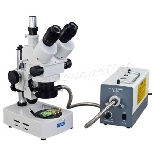 Top level stereo zoom 3.5x-90x trinocular microscope+150w cold ring fiber light for sale