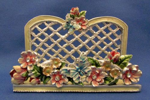 Jeweled Enamel On Silvertone Metal Flowers &amp; Butterfly Business Card Holder