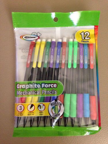 Mechanical Pencils, Pack Of 12, Unison, Rubber Grip, 0.7mm Black Lead
