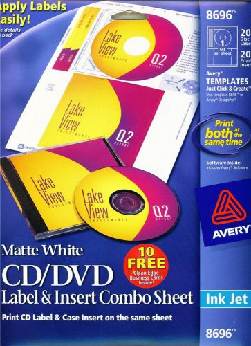 AVERY 8696 CD/DVD Label &amp; Insert Combo Sheet INK JET 20 Disc &amp; 20 Front Inserts!