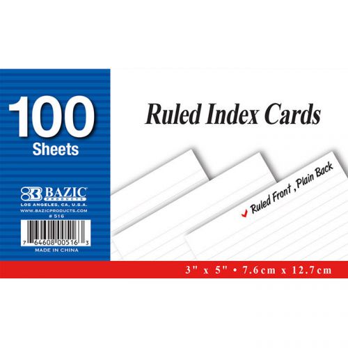 BAZIC 100 Ct. 3&#034; X 5&#034; Ruled White Index Card  of-36