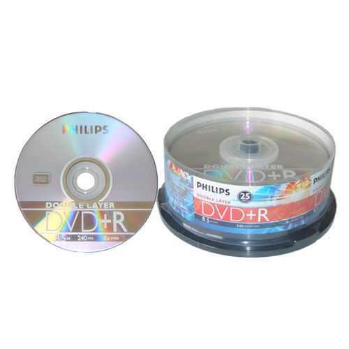 25-pk philips branded 8x dvd+r double dual layer 8.5gb dl blank recordable disk for sale