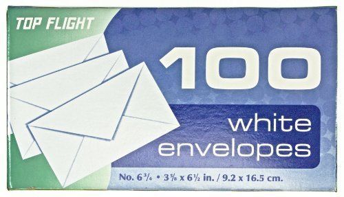 Top Flight Boxed Envelopes, 3.625 x 6.5 Inches, White, 100 Envelopes per Box