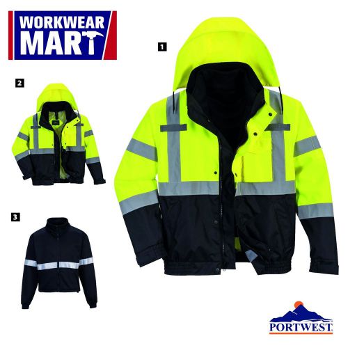 Hi-vis bomber rain jacket 3 jackets in 1 reflective work safety portwest us365 for sale