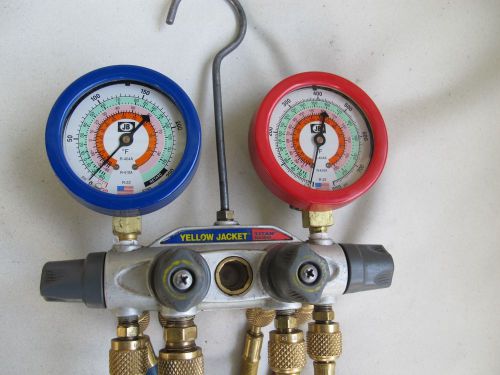 Yellow jacket titan 4 valve manifold   liquid gauges, r22, r410a, charging hoses for sale