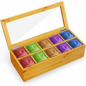 Bamboo Tea Box Storage Organizer Wooden with 10 Compartments for Tea Bags,