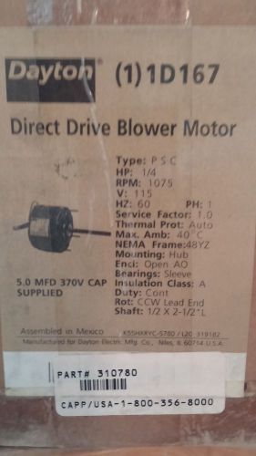 Dayton 1D167 Direct Drive Blower Motor 1/4 hp 1075 rpm 115 Volt NOS