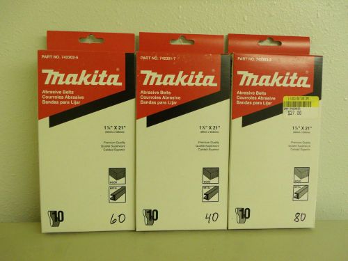 30 makita 1 1/8&#034;x 21&#034; 60,40,80 grit abrasive belts 742302-5, 742303-3, 742301-7 for sale