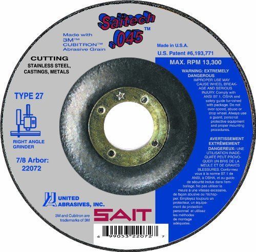 SAIT 22072 Type 27 Cutting Wheel, 4-1/2 x .045 7/8, Saitech, 50-Pack, Cut Metal