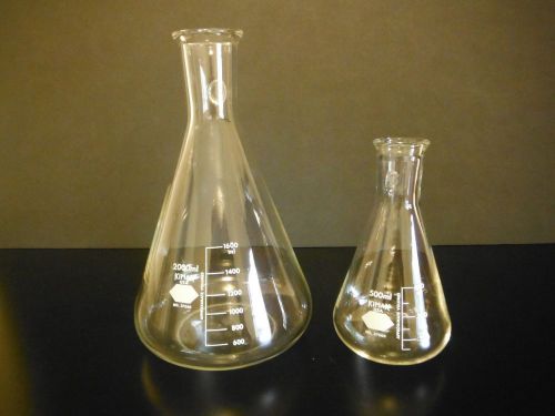 Two Kimax  Erlenmeyer Flasks - 2000 ml No. 27060 and 500 ml No. 27060