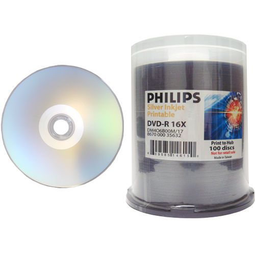 100 Philips 16x DVD-R Silver Inkjet Hub Printable Blank DVDR DVD Media Free Ship