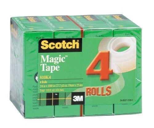 4 Packs OF SCOTCH MAGIC TAPE REFILL 810 3/4 X 1000 IN 27.7 YD ea, Total 4 Rolls.