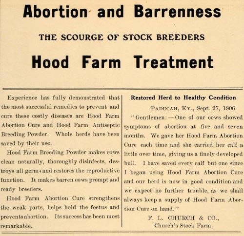 1907 ad hood farm treats live stock barrenness abortion - original cg1 for sale