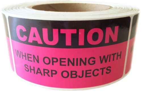 Pink &#034;Caution When Opening with Sharp Objects&#034; Labels Stickers 2&#034; by 4&#034; - 500 ct