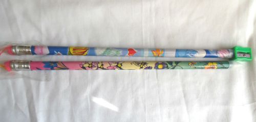 2 LARGE JUMBO LEAD PENCILS WITH ERASERS 1 SHARPENER BEES FLOWERS YELLOW etc