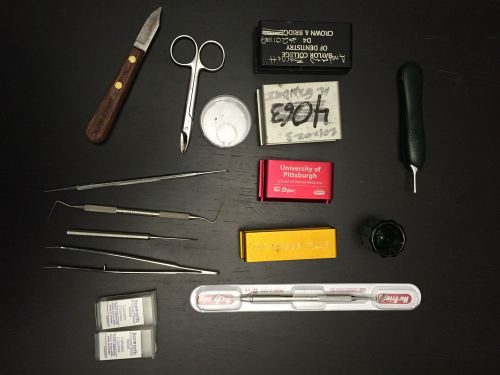 Assorted dental instruments, bur blocks, supplies for sale