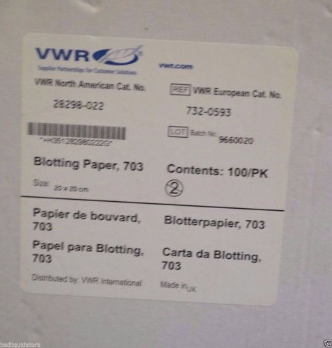 NIB VWR® Grade 703 Blotting Paper 20x20 cm 100/ Pack Cat. No. 28298-022 NEW $230