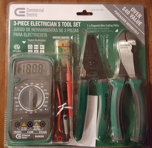 CE 3-Piece Electrician&#039;s Tool Set: Wire Cutters, Stripper, Digital Multimeter