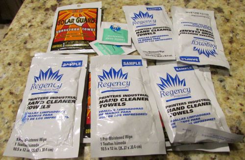 Lot of hand cleaner towel &amp; sunscreen towel samples for sale