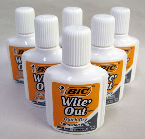 Lot of 6 BIC Wite-Out Quick Dry Correction Fluid, White, Foam Brush, .7 oz each