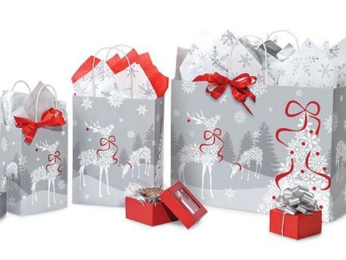 125 Silver Snowflake Reindeer Christmas Shopping Gift Bags Assortment Wholesale