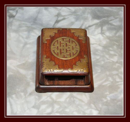 antique teak office accessory memo pad, card deck, business card holder