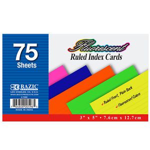 BAZIC 75 Ct. 3&#034; X 5&#034; Ruled Fluorescent Colored Index Card  of-36