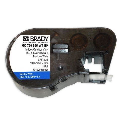 Brady MC-750-595-WT-BK Vinyl B-595 Black on White Label Maker Cartridge, 25&#039;