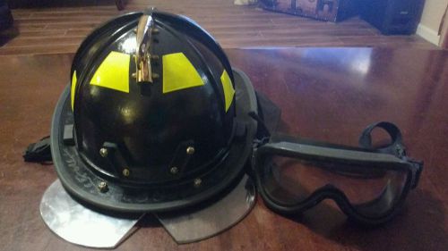 Black morning pride fire helmet  with bourke&#039;s and googles for sale