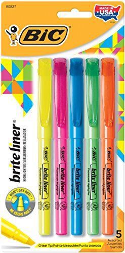 Bic Brite Liner Highlighters Chisel Tip Assorted Colors 5-Count Non-Toxic Made