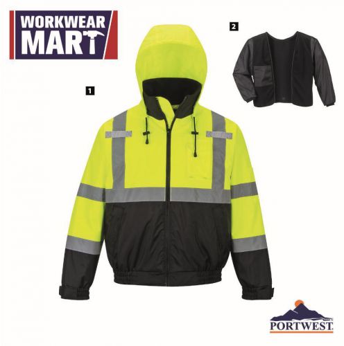 High-visibility bomber rain jacket 2 jackets in 1 reflective work portwest us364 for sale