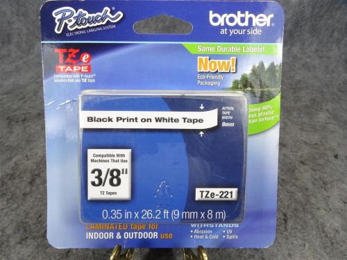Brother P-Touch TZE Tape 3/8&#034; Black Print On White Tape NIB