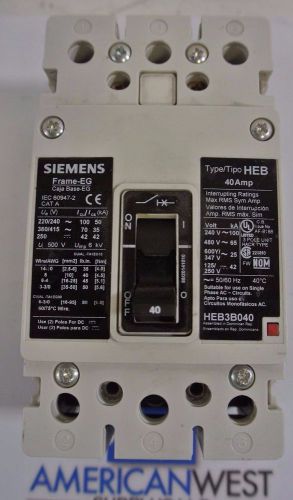 Siemens HEB3B040  3 pole 40A 600V bolt on type HEB circuit breaker TESTED