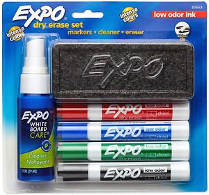 Expo Low Odor Dry Erase Marker Set with White Board Eraser and Cleaner | Chisel