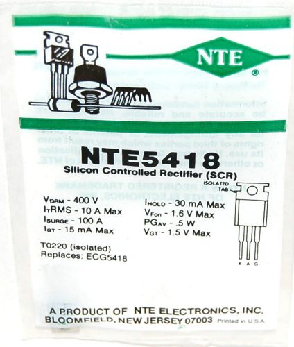 NTE NTE5418 SILICON CONTROLLED RECTIFIER SCR TO220 ISOLATED EQUIV ECG5418